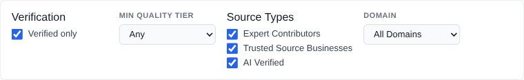 Filter bar showing verification toggle, quality tier dropdown, source type checkboxes, and domain dropdown