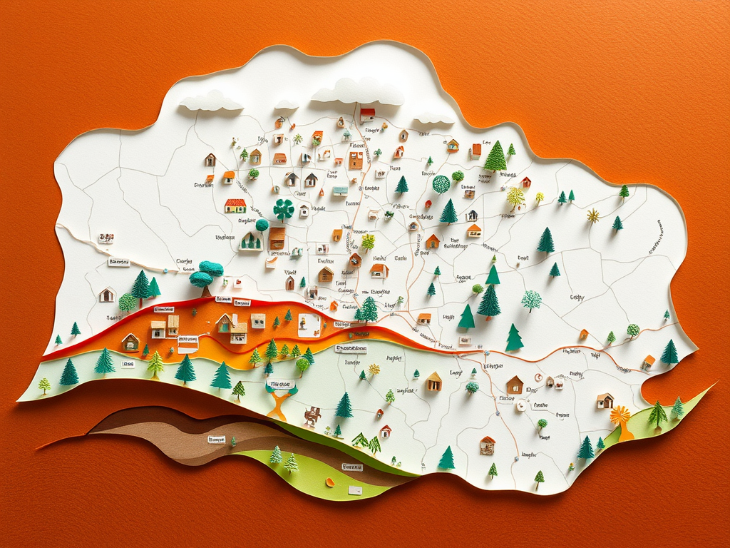Paper cut layered map showing landscaping service area pages for different city zones